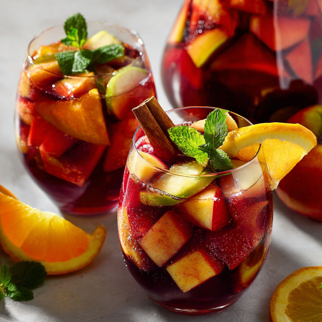 Un verre de Sangria pétillante aux jus et fruits infusés est présenté sur une table avec des oranges et des cédrats.