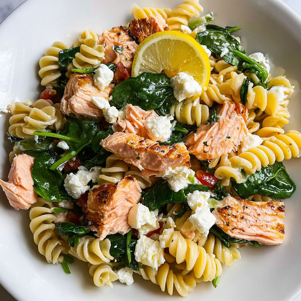Une salade de pâtes au saumon, épinards et citron est servie sur un plateau.