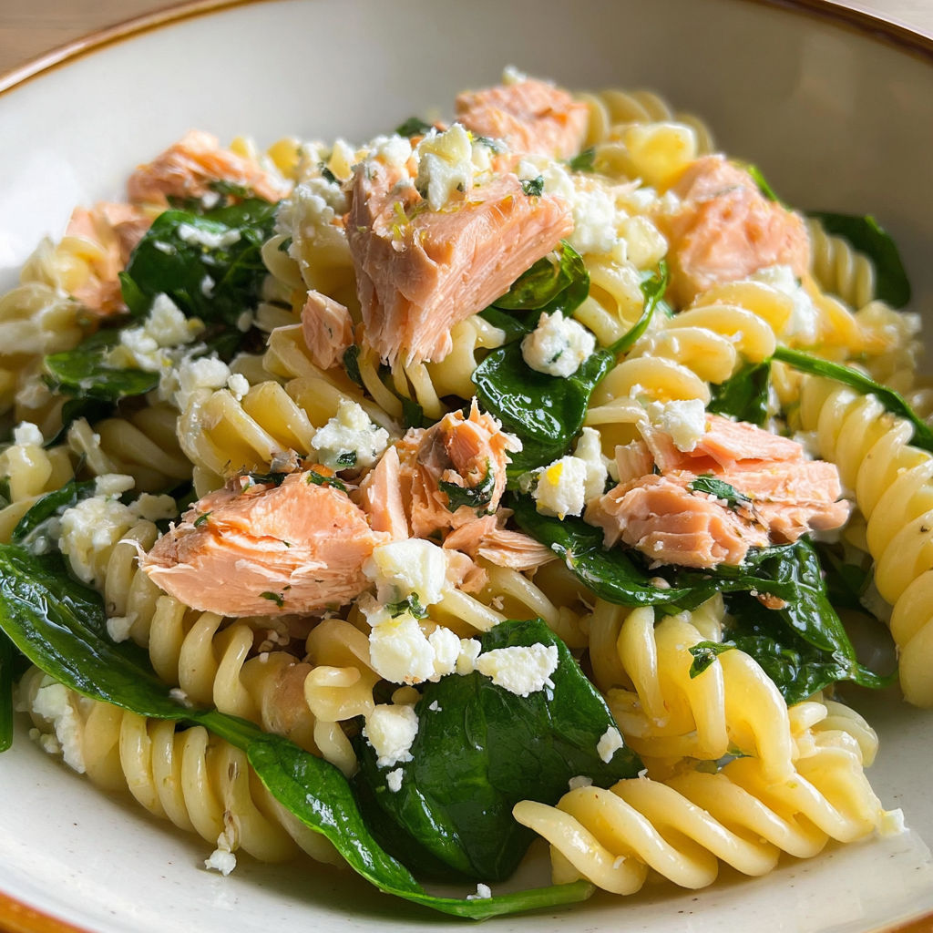 Une salade de noodles avec des légumes et des poissons.