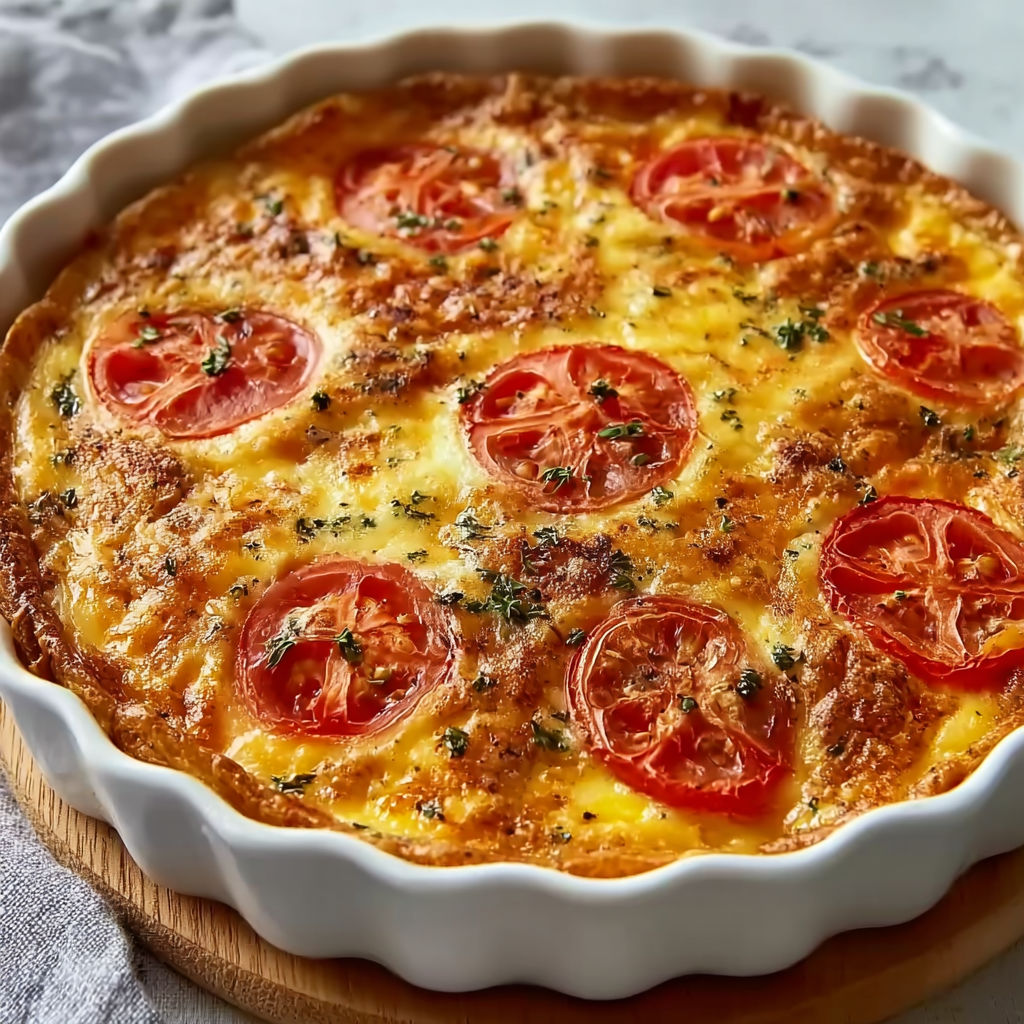 Une tarte aux tomates et aux herbes, servie dans un bol ovale.