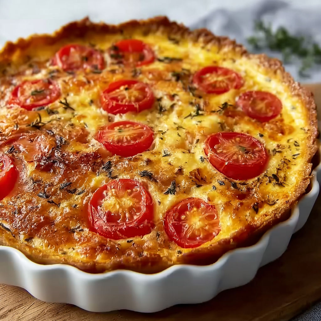Une tarte aux tomates et aux herbes, servie dans un plat en verre, est prête à être mangée.