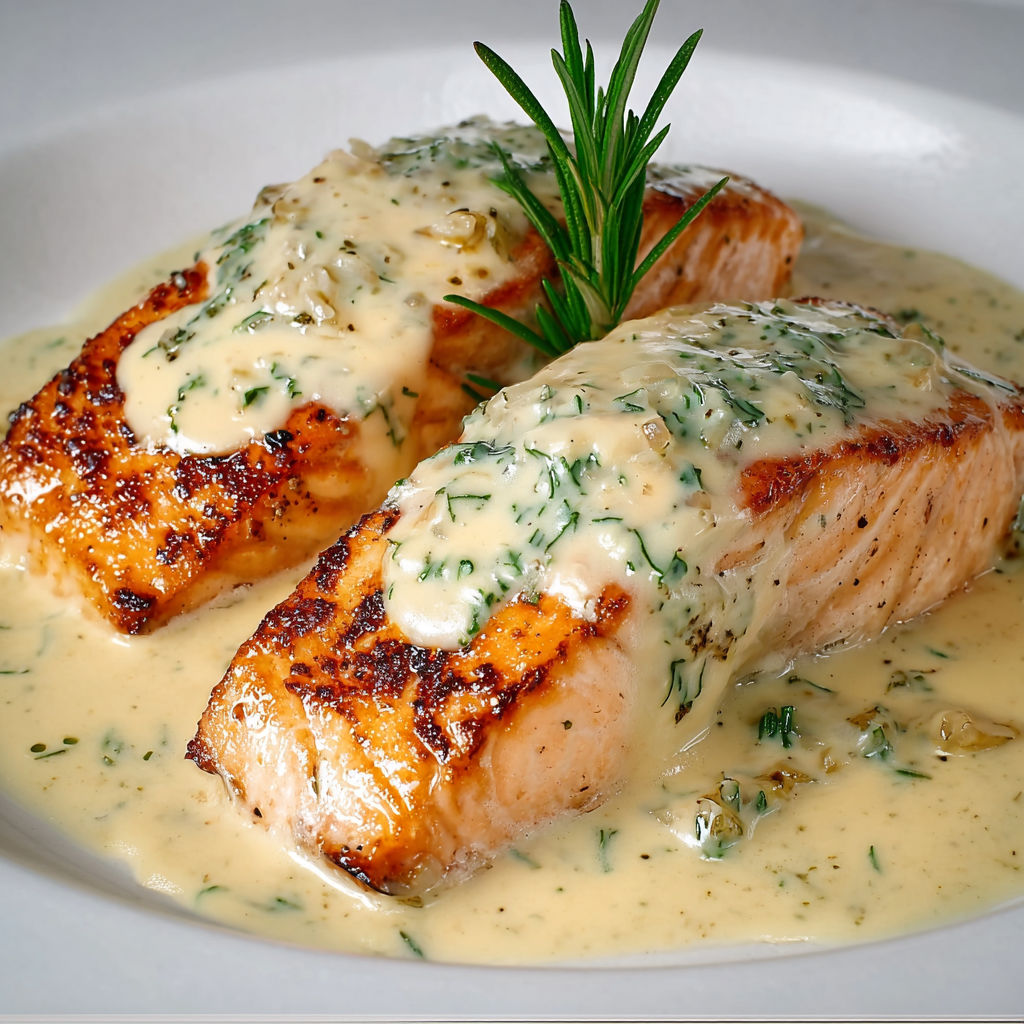 Saumon grillé avec une sauce crémeuse aux échalotes et vin blanc.