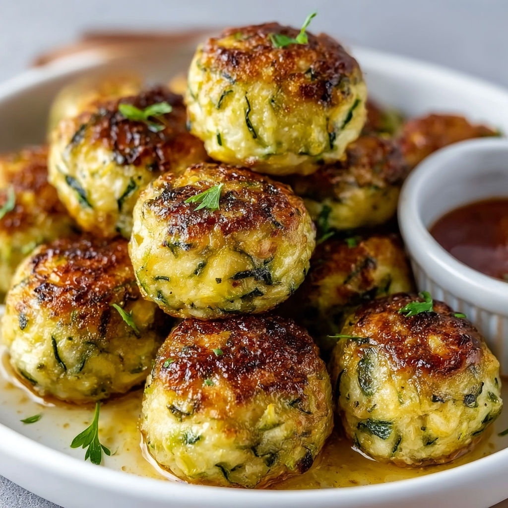 Plate of cooked vegetable balls with a dipping sauce.