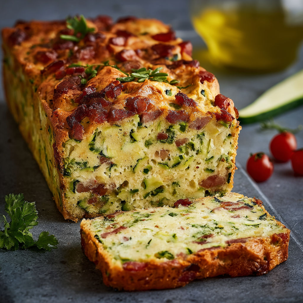 Une portion de gâteau de courgette et lardons moelleux, avec des tomates et des herbes vertes.