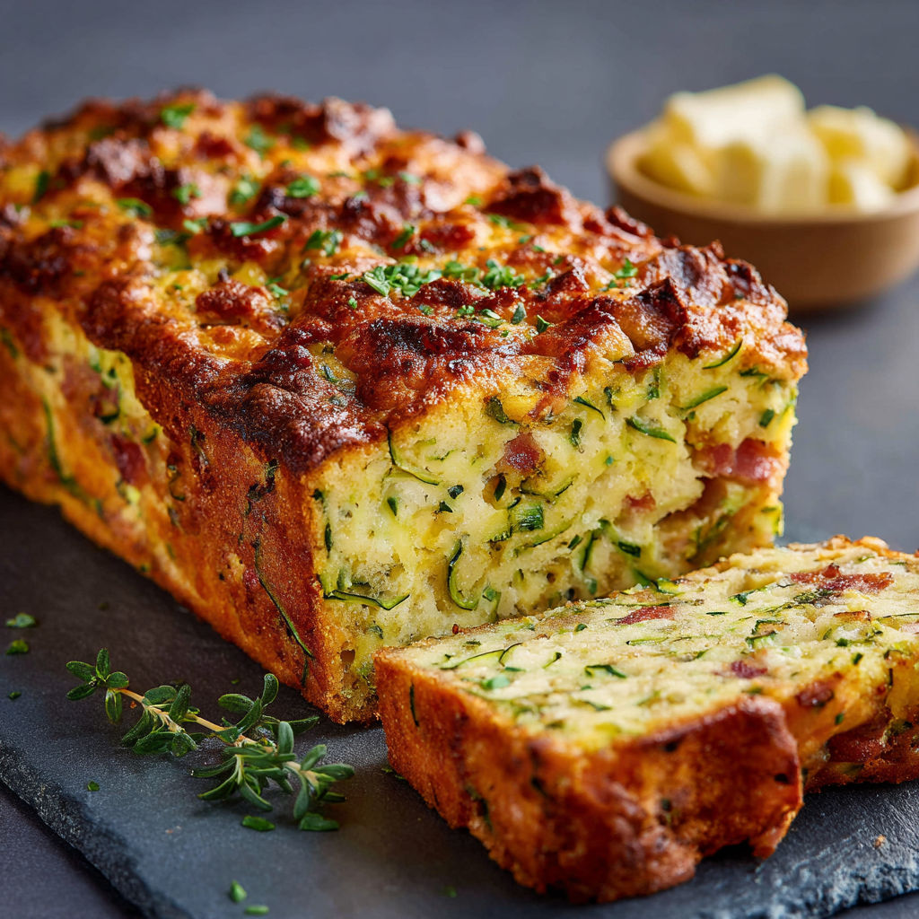 Une portion de cake moelleux courgette-lardons, parfait pour l'été.