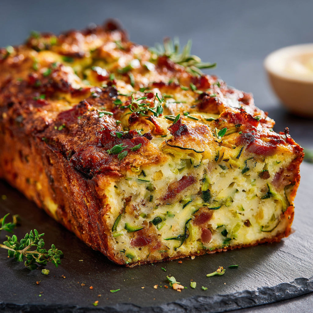 Une pâte salée croustillante avec des courgettes et des lardons, prête à être servie.
