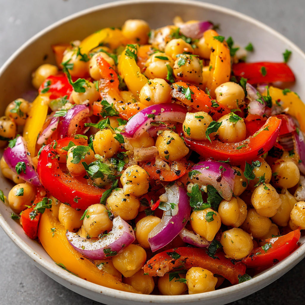 Une salade de légumes colorés, y compris des poivrons, des tomates et des chickpeas, est servie dans un bol.