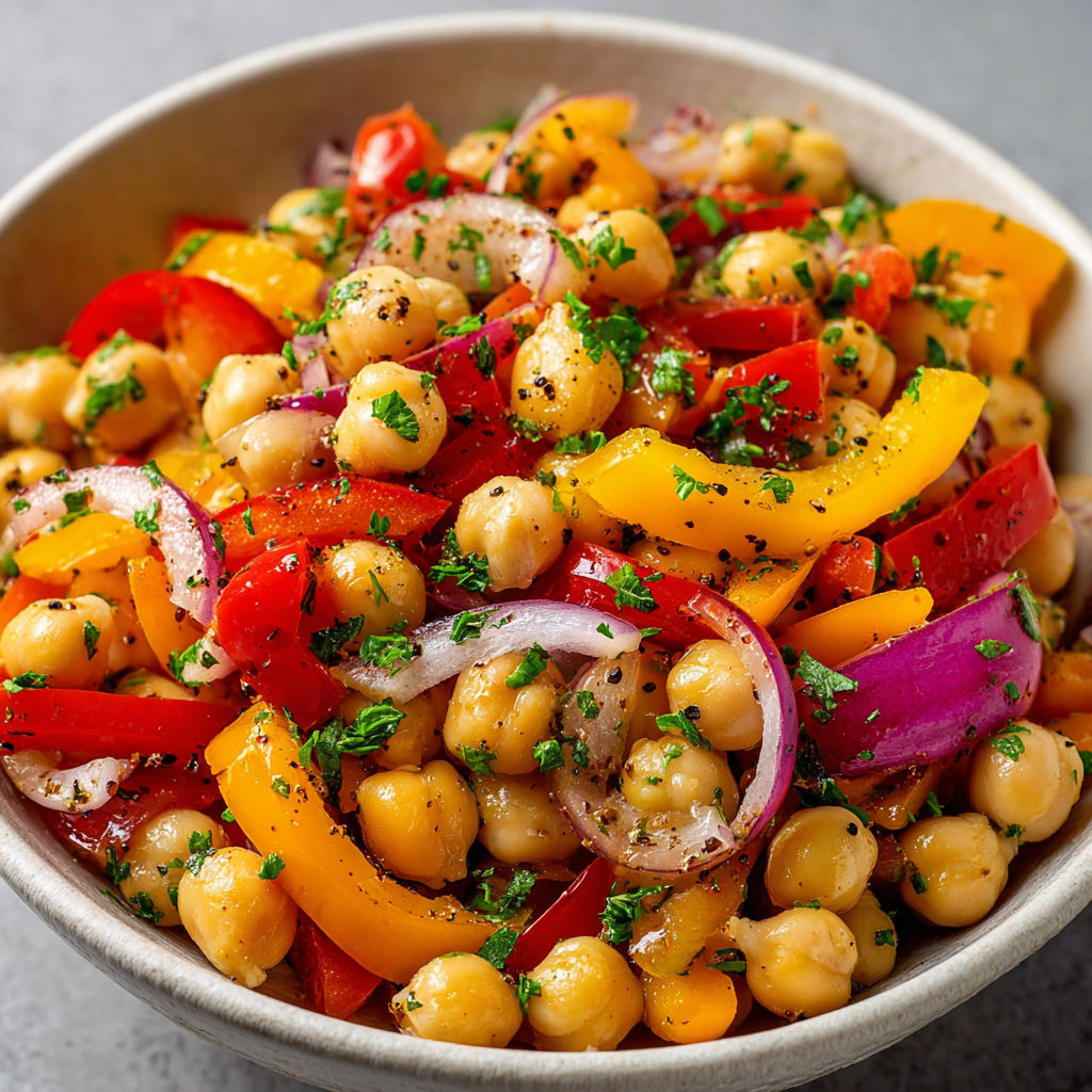 Une salade de chickpeas et de tomates, avec des herbes et des épices, dans un bol.