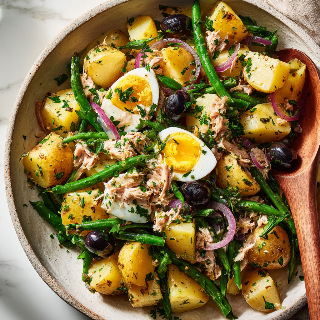 Une salade de légumes et de poulet avec des oignons et des olives.