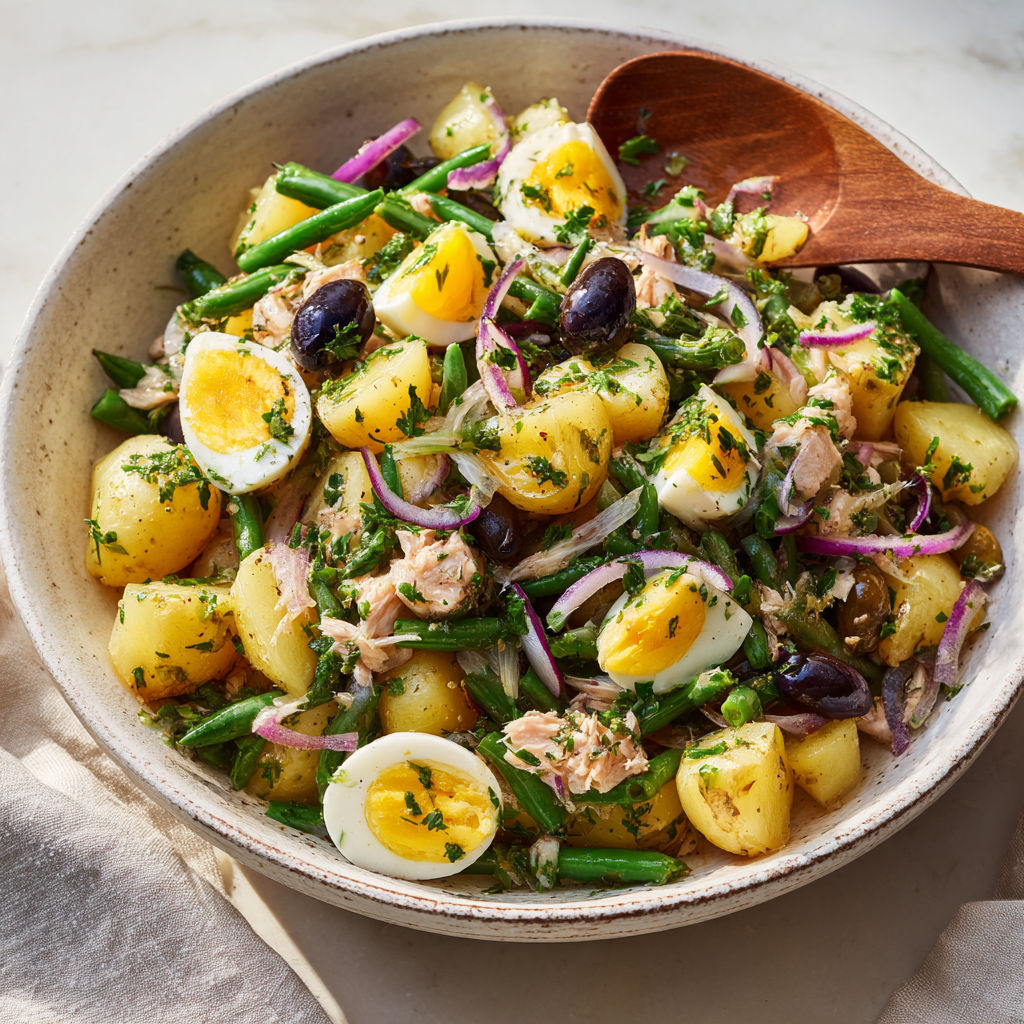 Une salade de poulet et légumes, avec des oeufs, des olives et des pommes de terre, est servie dans un bol.
