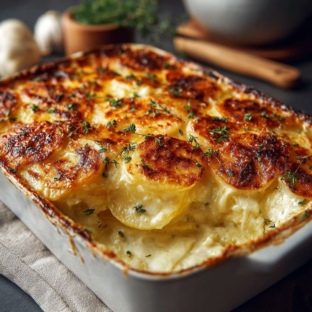 Une tarte au potato gratinée, avec des herbes et des pommes de terre, est servie dans un plat en céramique.