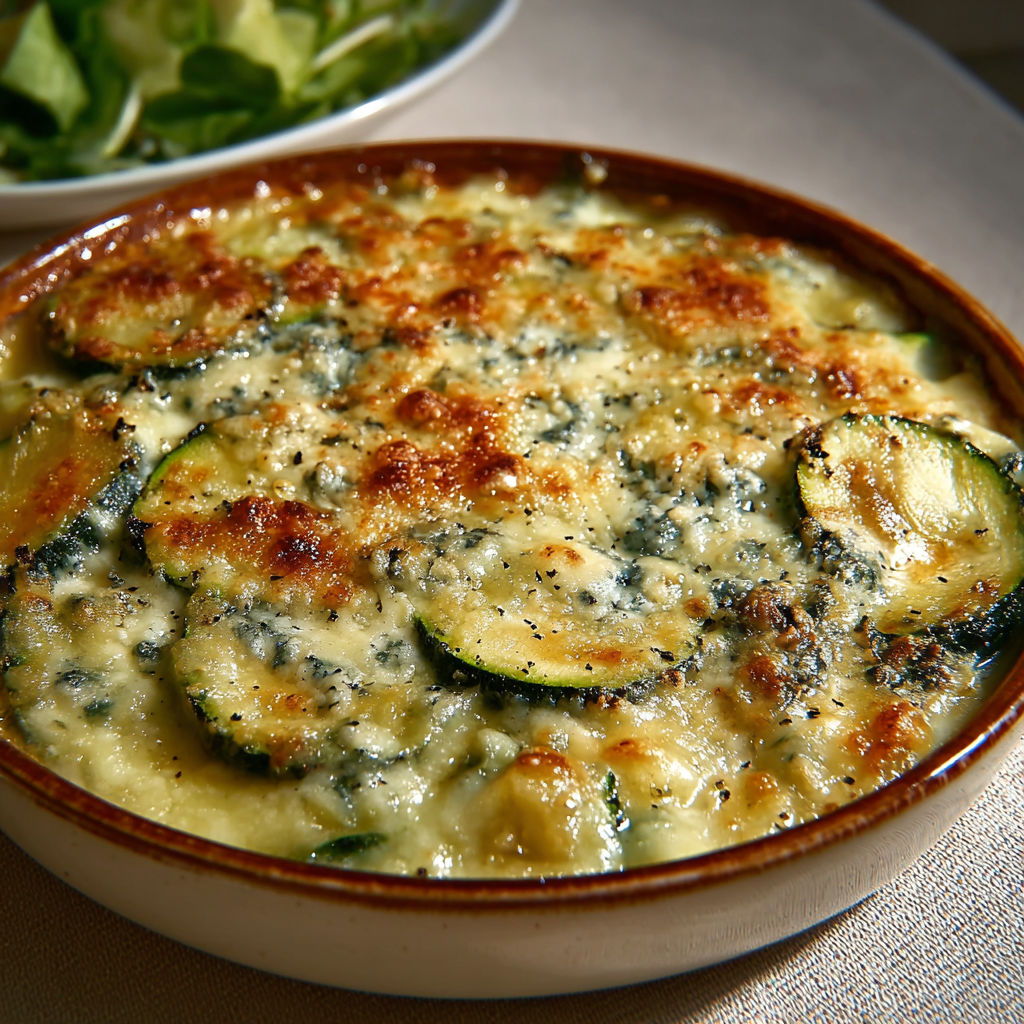 Une gratin de courgettes au bleu d'Auvergne est servie sur un plateau.