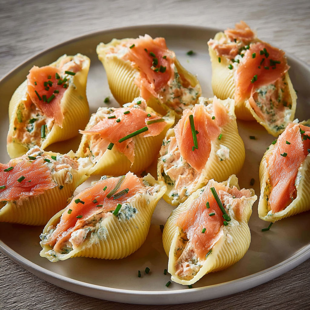Plate of food with a variety of ingredients, including salmon, pasta, and herbs.