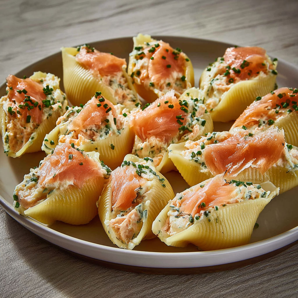 Une assiette de raviolis avec des légumes et des filets de saumon.