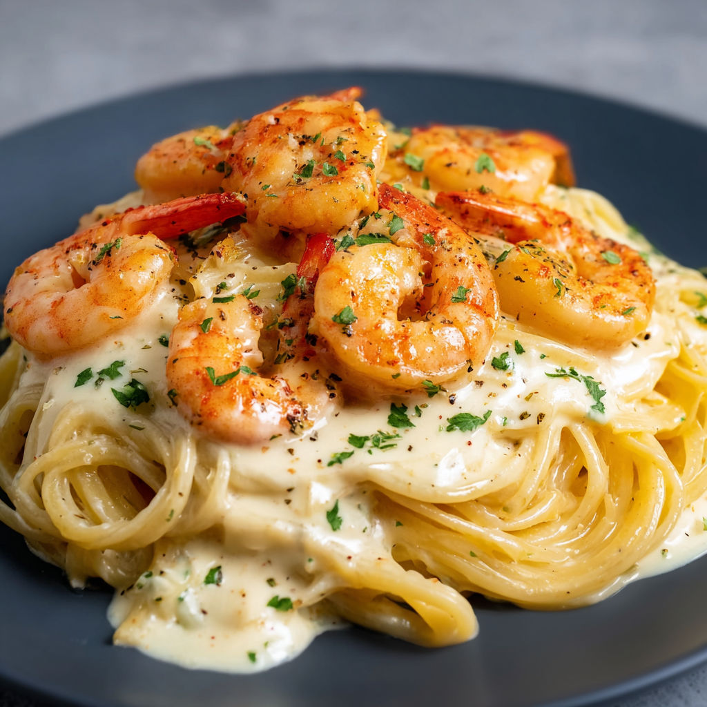 Une plate de spaghettis à la crème avec des crevettes et des herbes.