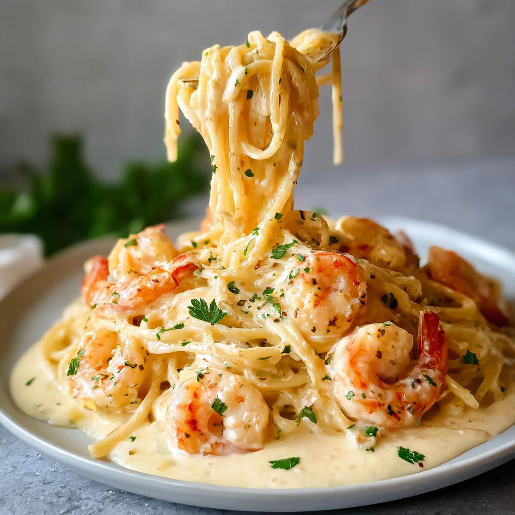 Une plate de spaghettis aux crevettes et ail, avec une fourchette en train de les arracher.