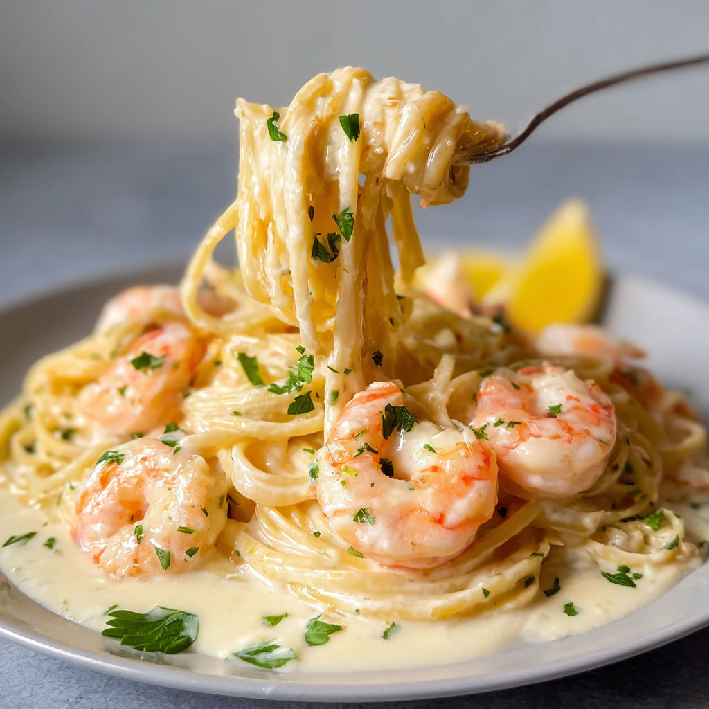 Une plate de pâtes crémeuses aux crevettes citronnées, avec des herbes et des citrons.