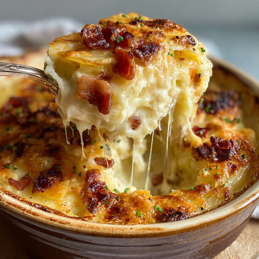 Une gratinée Mozza-Lardons est servie dans un bol en terre.