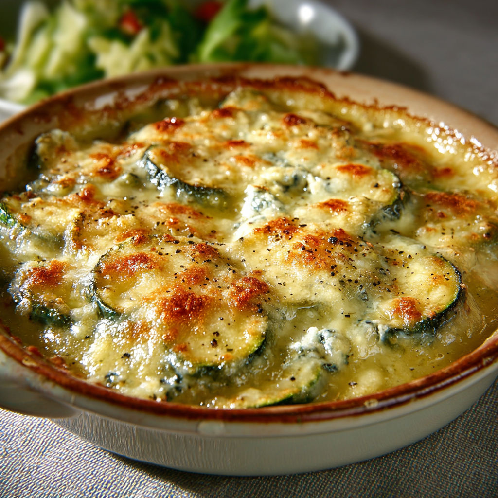 Une casserole de courgettes au bleu et gruyère est servie sur une table.