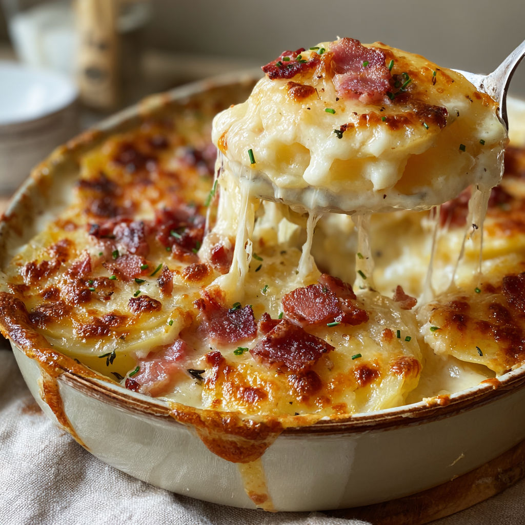 Une gratinée de pommes de terre, mozzarella et lardons fondants est servie dans un bol.