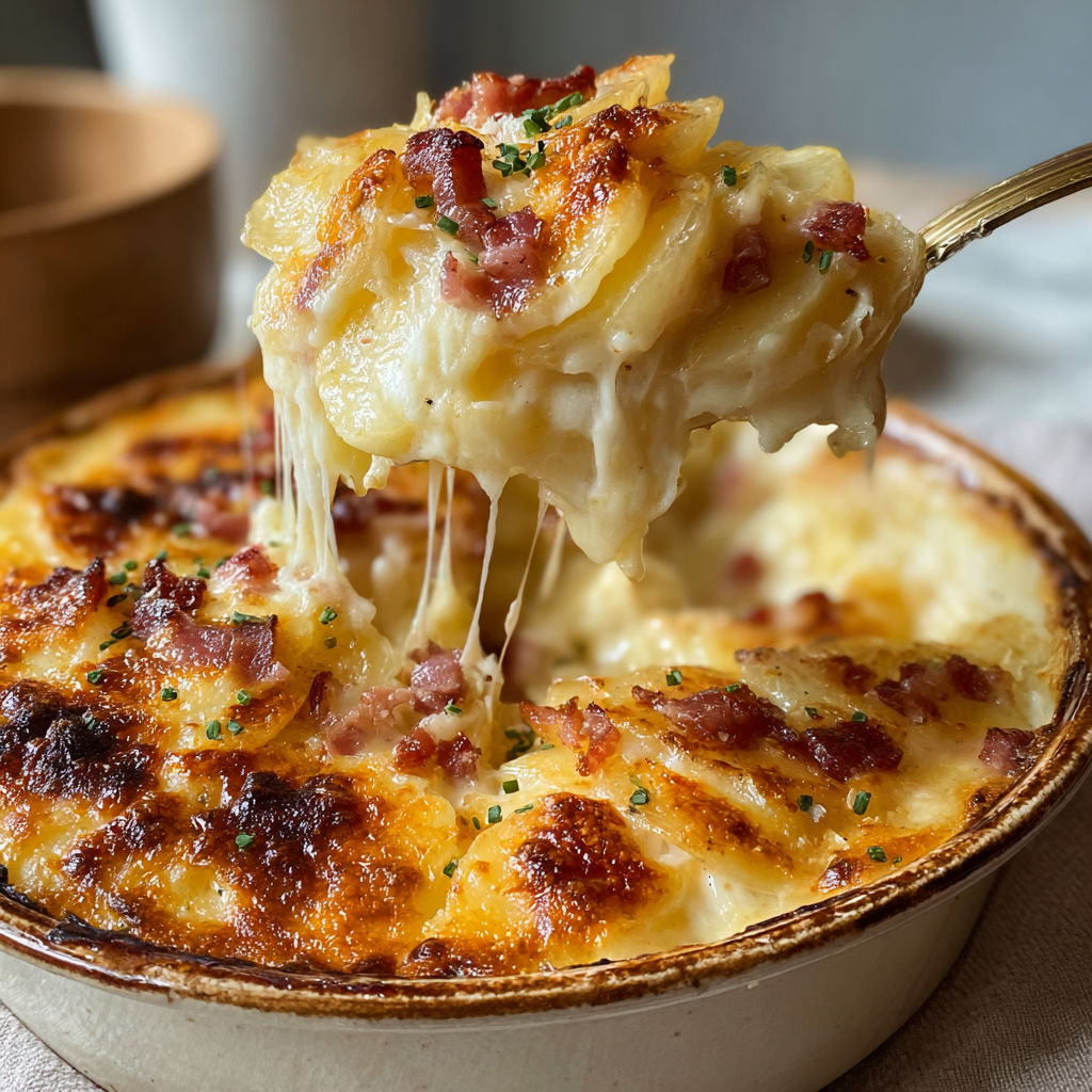 Une tasse de Délice Gratiné à la Mozzarella et Lardons Croustillants est servie sur une table.