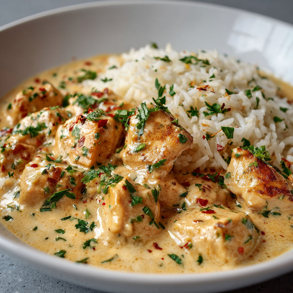 Un plat de poulet crémeux et riz fondant, avec des herbes vertes et des épices, est servie dans un bol blanc.