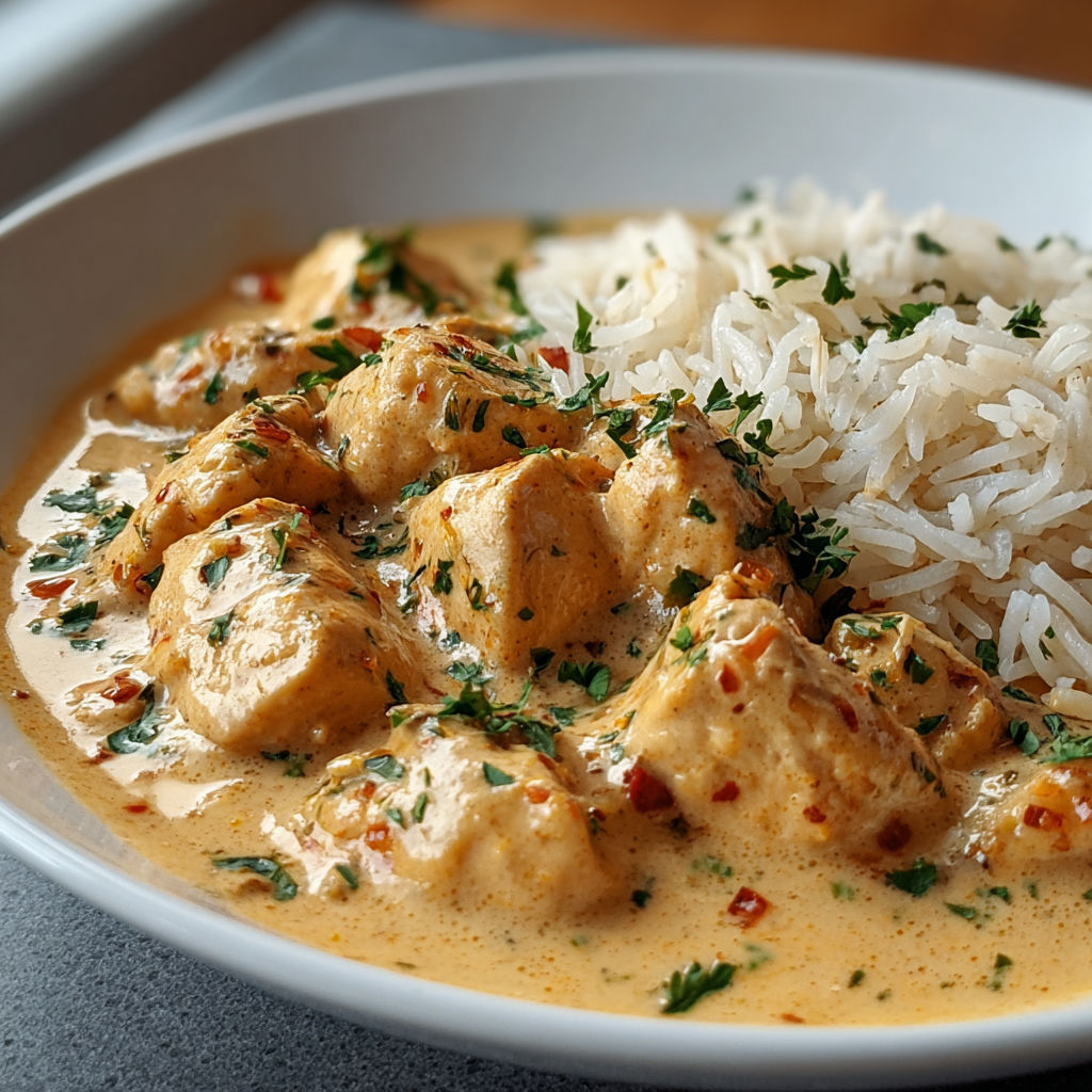 Une soupe au poulet et aux riz, avec des herbes vertes et des épices, est servie dans un bol blanc.