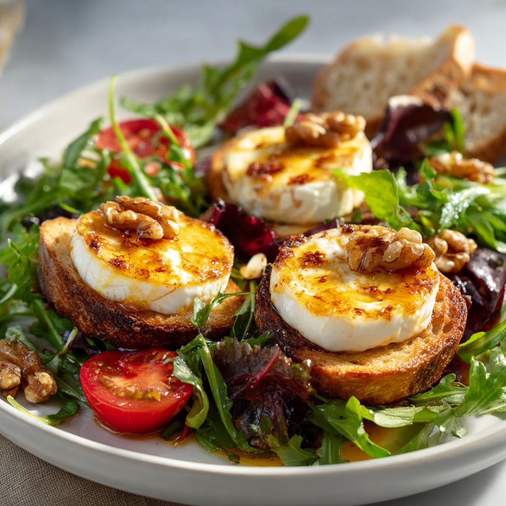 Une salade de chèvre chaud croustillante et gourmande, composée de tomates, de laitue, de pain grillé et de noix, est servie sur un plateau.