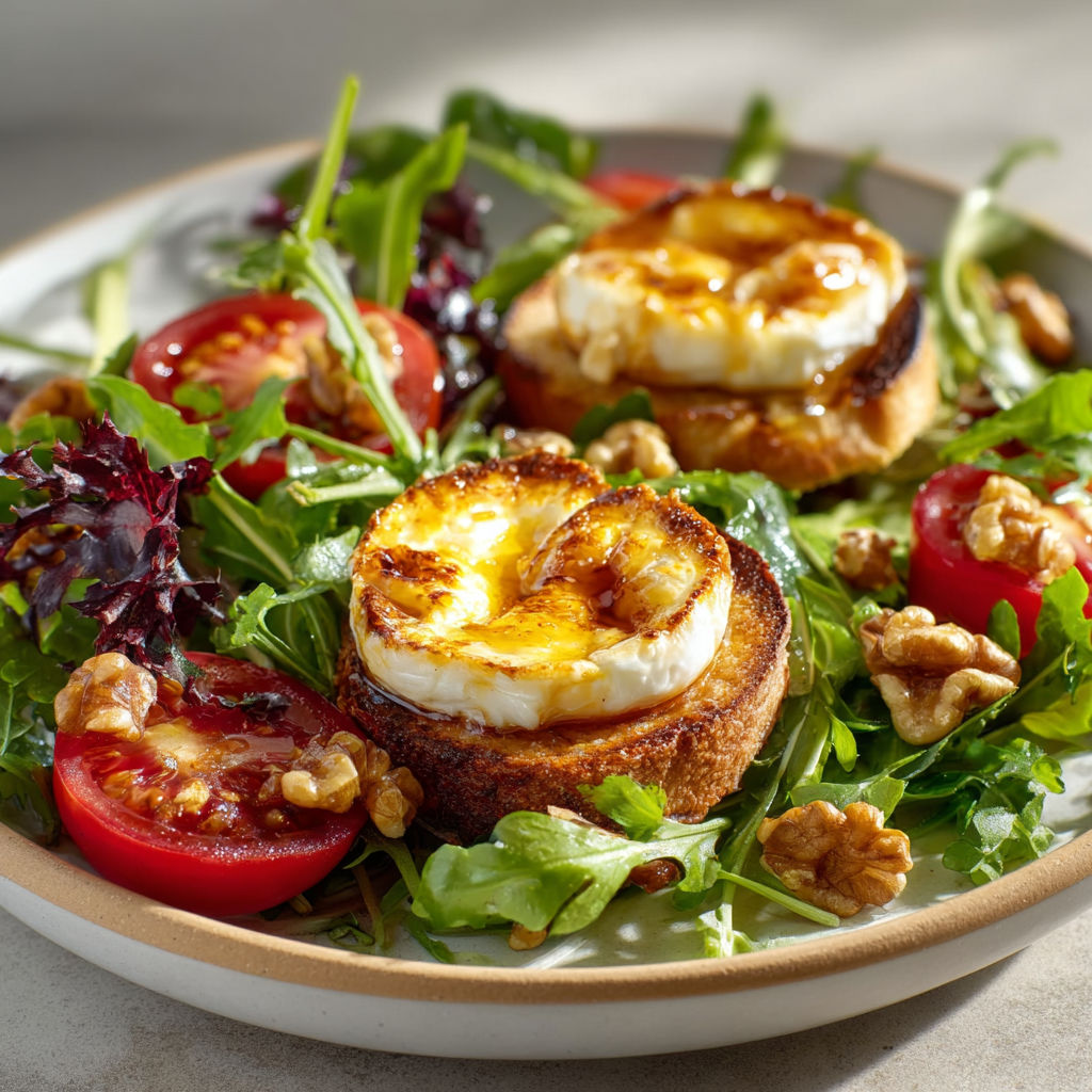Une salade de tomates et de quinoa avec des toasts de pâte brûlée et des noix de cajou.