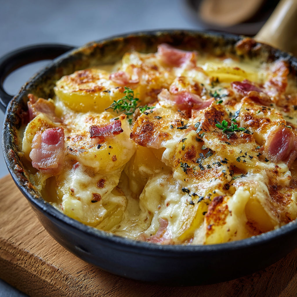 Une poêle qui nous fait craquer, contenant une tartiflette savoureuse.