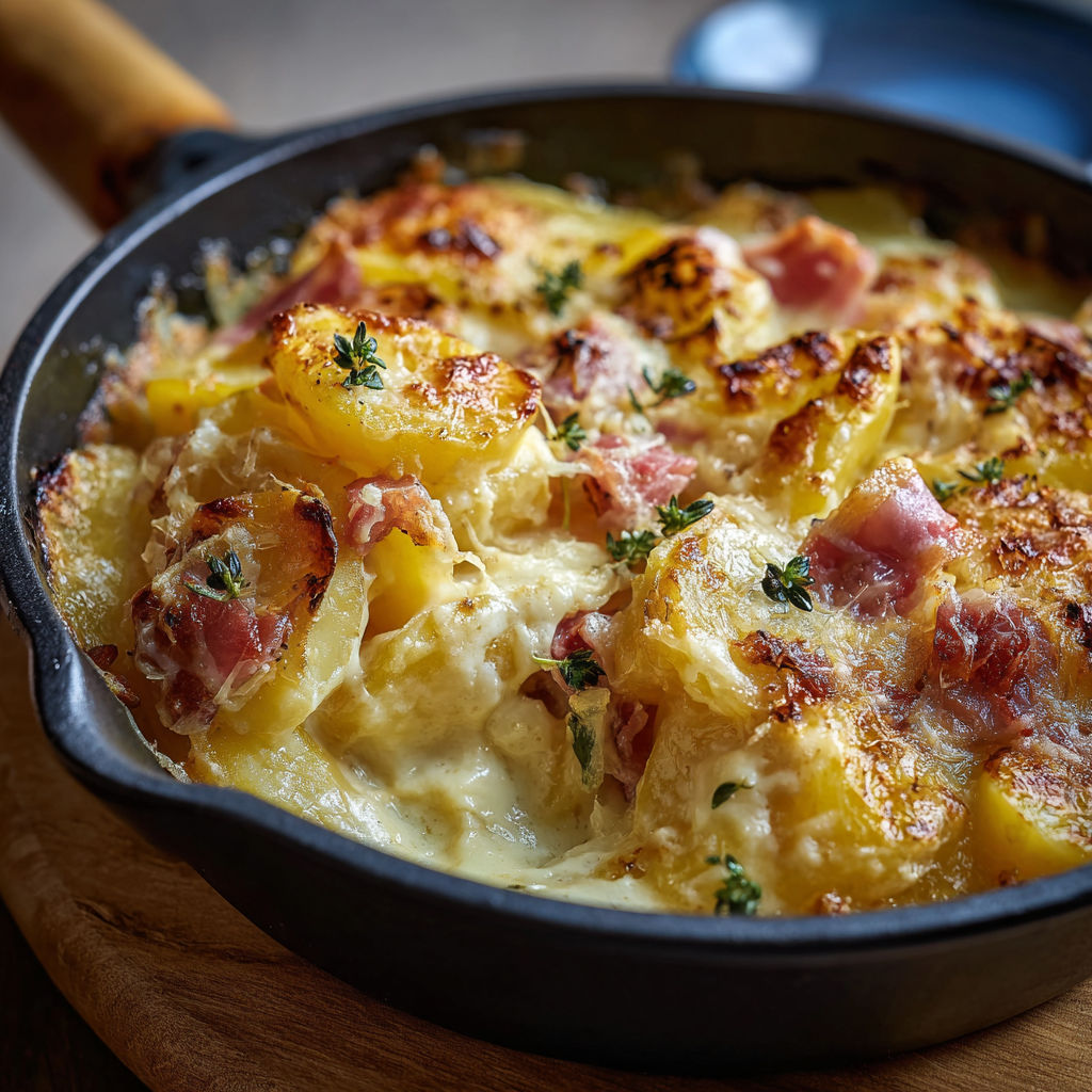Une tartiflette minutée ultra gourmande dans un bol noir.