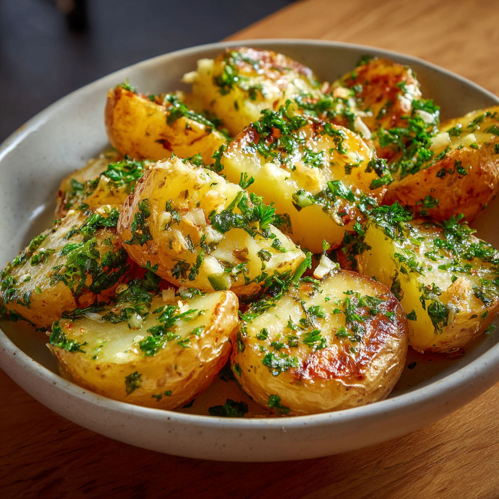 Une assiette de pommes de terre à l'ail et au beurre au four, prête à être servie.