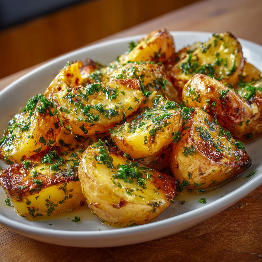 Une assiette de papilles de pomme de terre avec des herbes vertes et des légumes grillés.