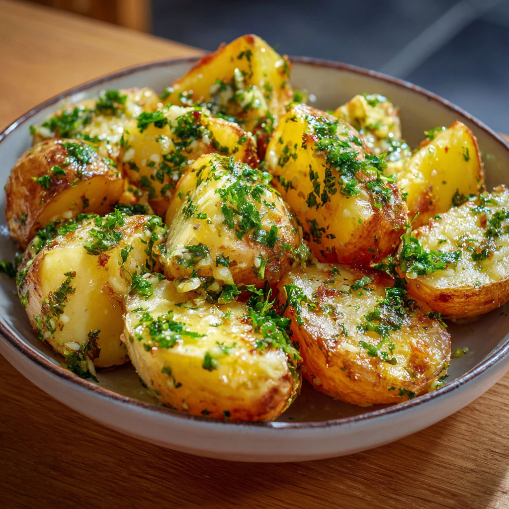 Une assiette de papas fritas avec des herbes et des légumes.