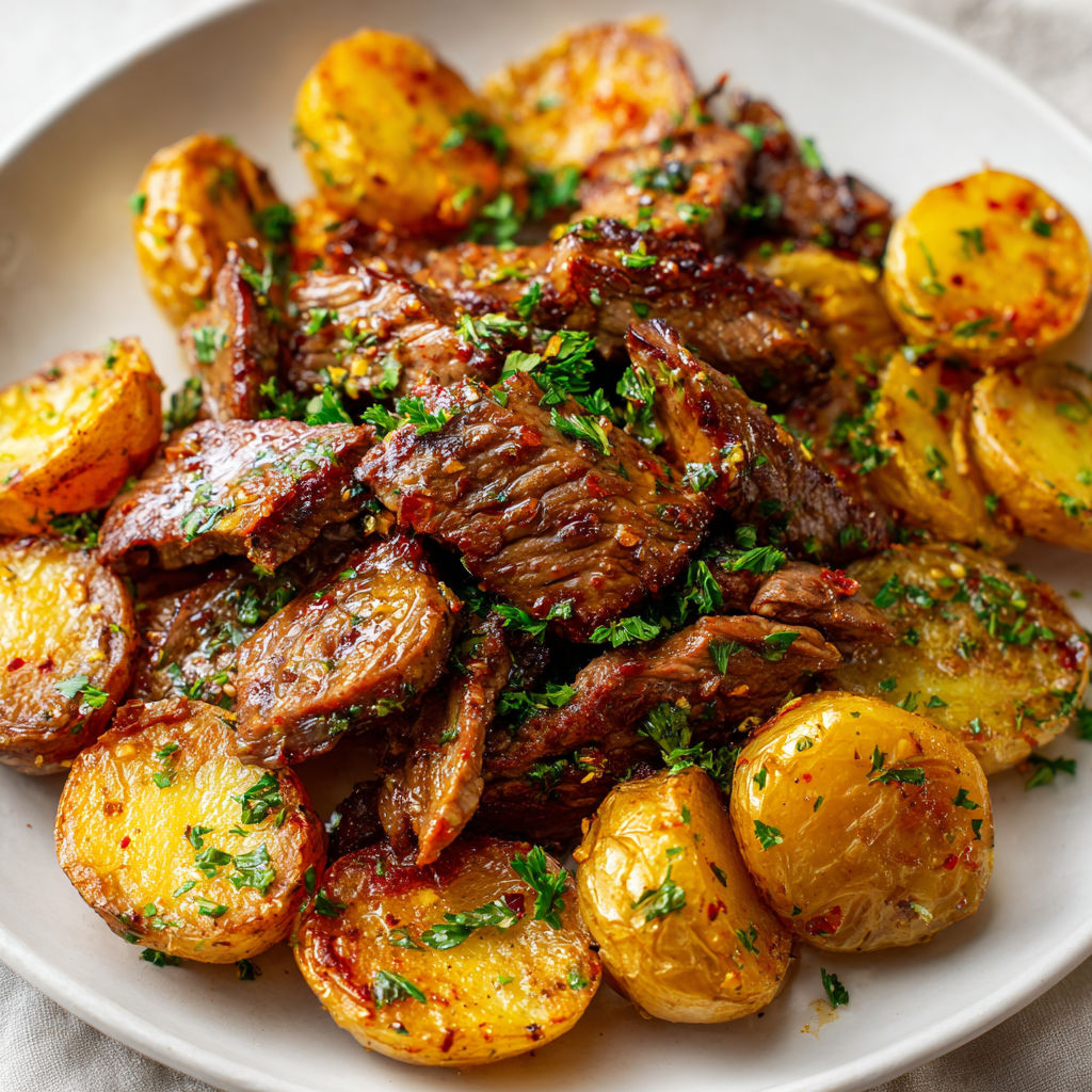 Une assiette de viande grillée avec des pommes de terre et des herbes.