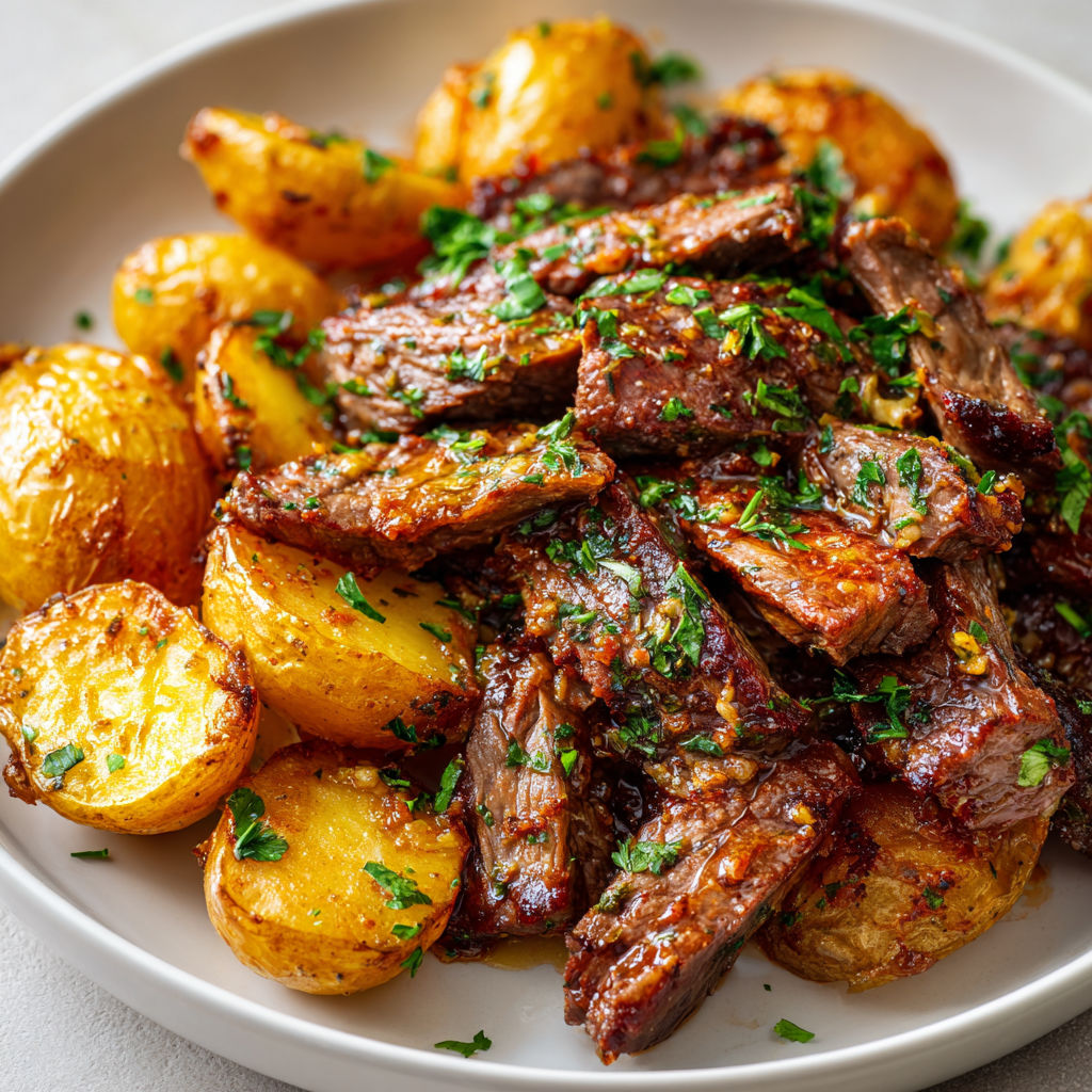 Une salade de viande avec des pommes de terre et des herbes.