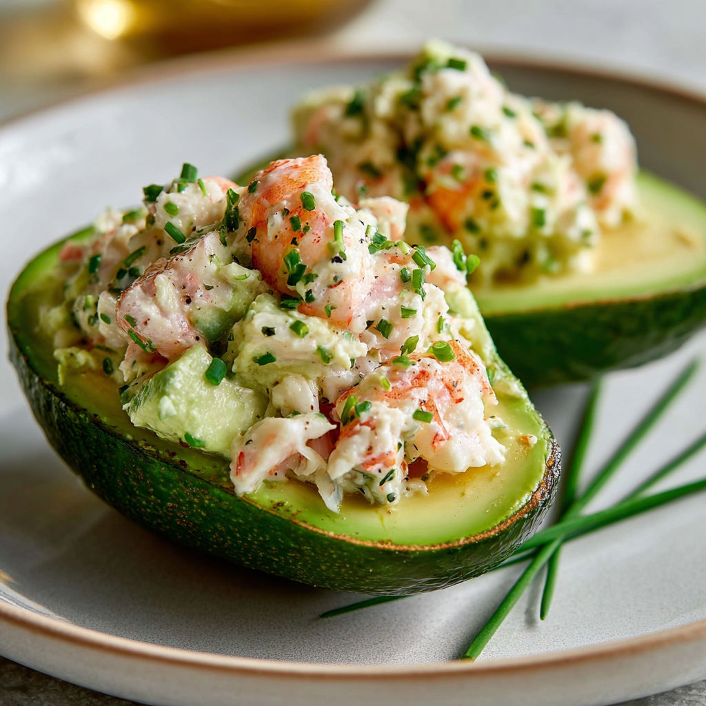 Une salade de crevettes et avocat sertie dans des tomates.