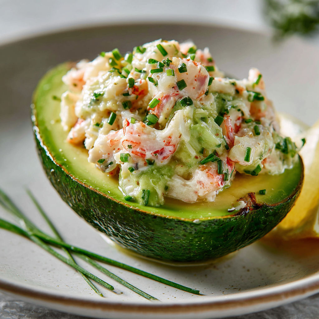 Une poivron vert contenant une salade de crevettes et de concombre.