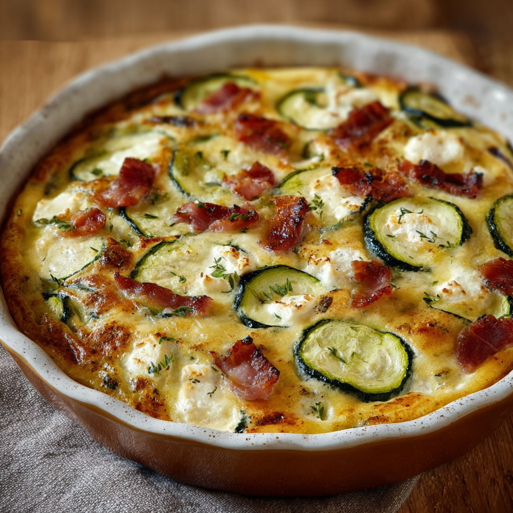 Un plat de clafoutis salé avec des courgettes, lardons et chèvre frais.