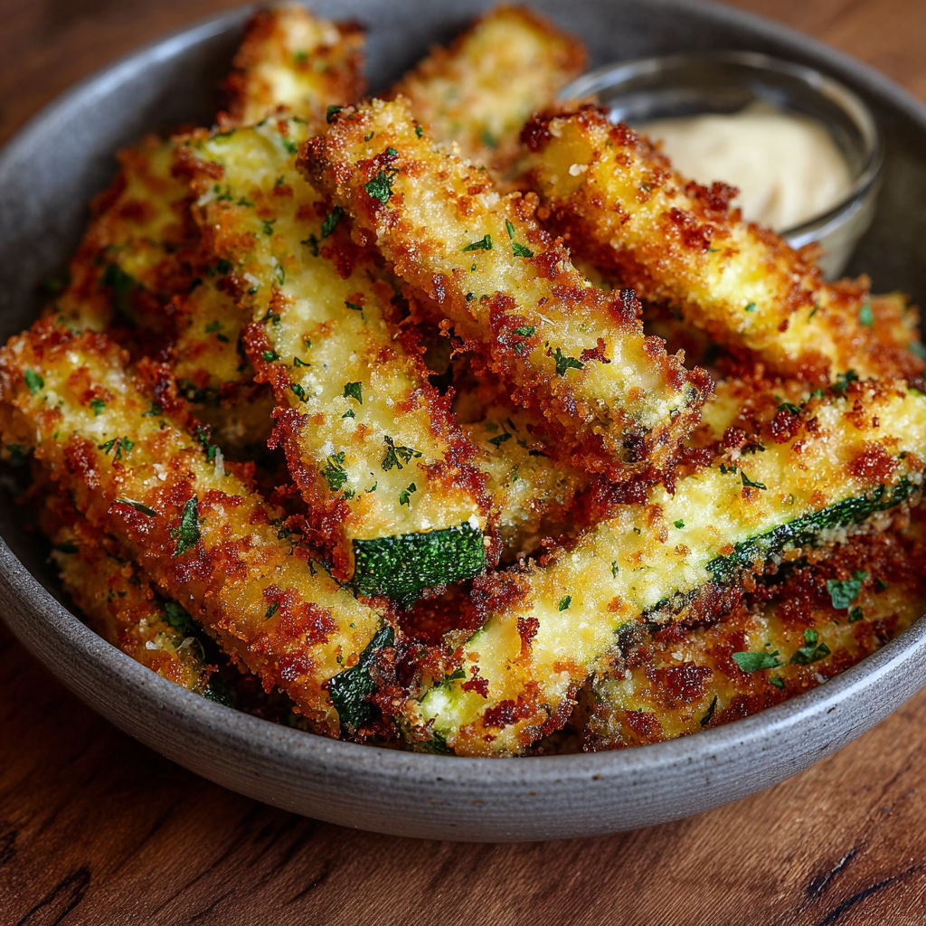 Une assiette de frites de courgettes au parmesan et cuites au four.