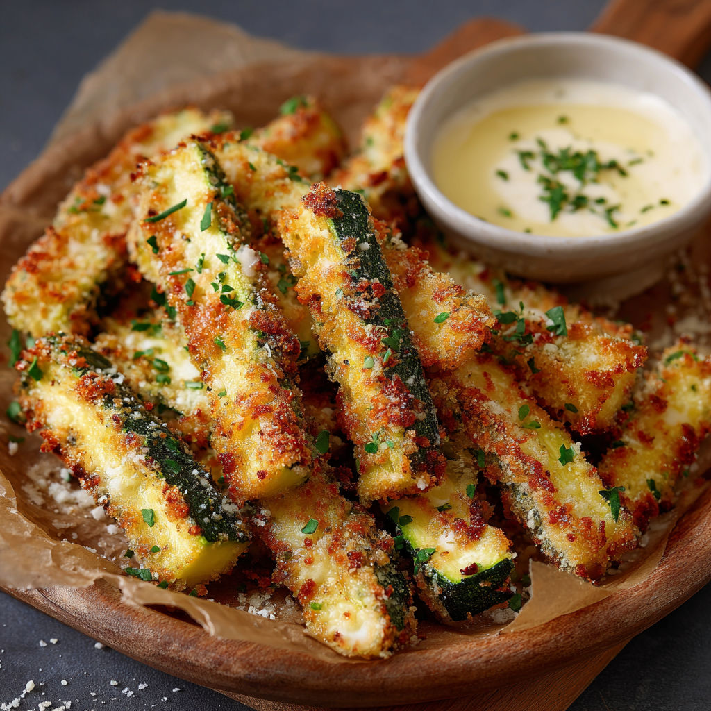Une recette de frites de courgette avec une sauce au yaourt et des herbes.