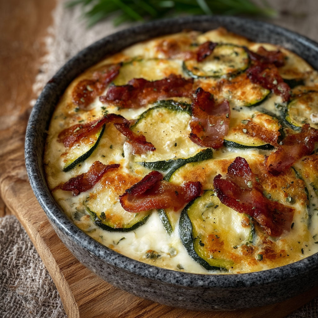 Un plat de courgettes farcies avec des lardons et de la chèvre.