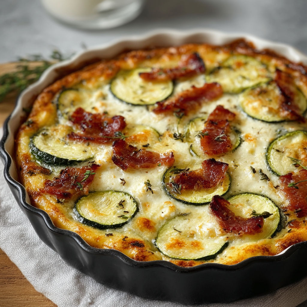 Un plat de clafoutis salé au chèvre et courgettes, avec des herbes et des bacon, est prêt à être servi.
