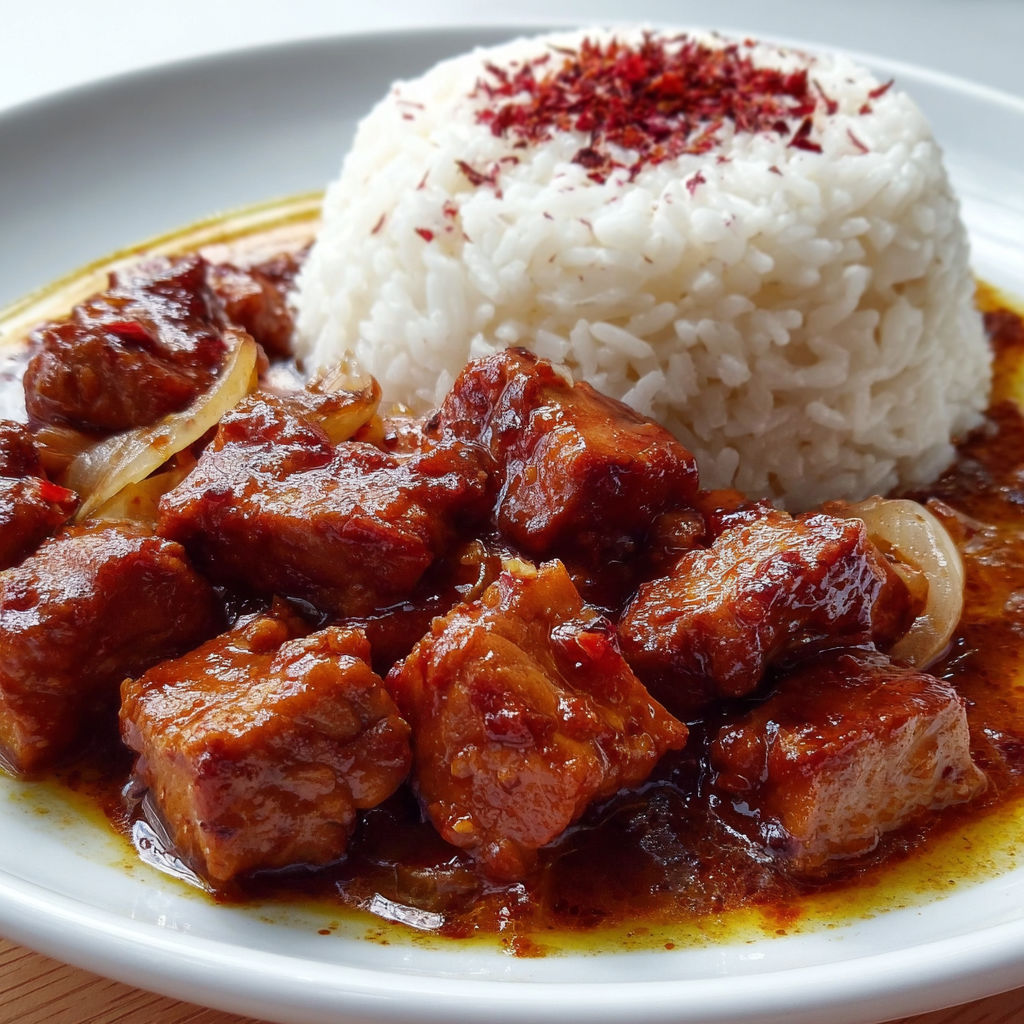 Un plat de porc mijoté à la sauce douce, accompagné de riz.