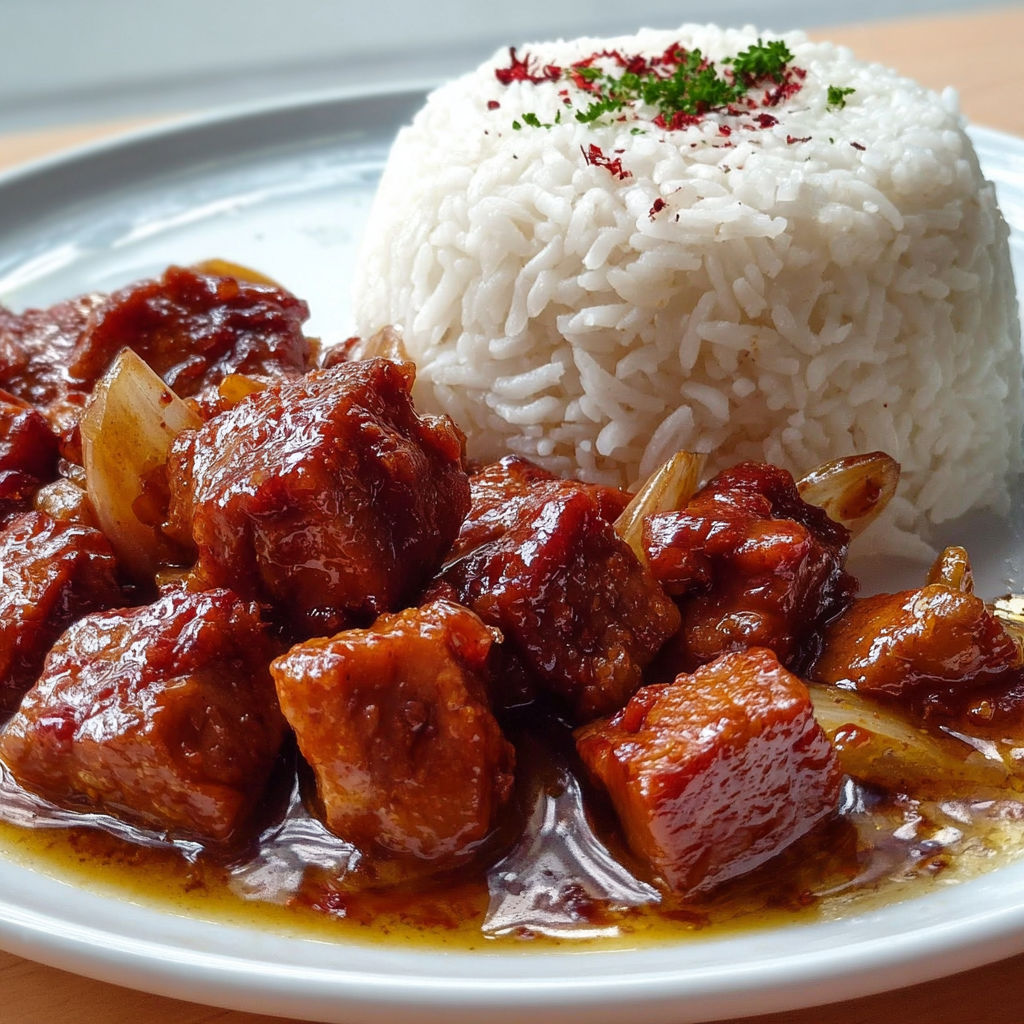 Une assiette de Ragoût de Porc et Riz Parfumé, accompagnée d'un plat de riz.