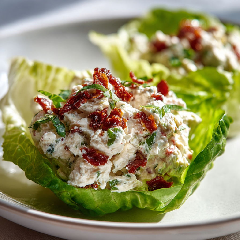 Coupelles de laitue au jambon blanc, ricotta et tomates séchées.