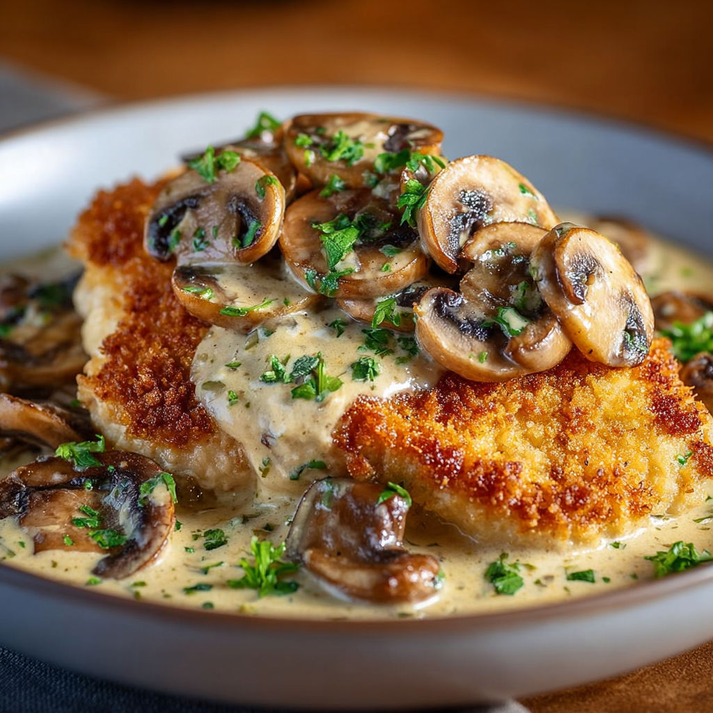 Une recette de poulet crousti-parmesan aux champignons est servie dans un plat en verre.