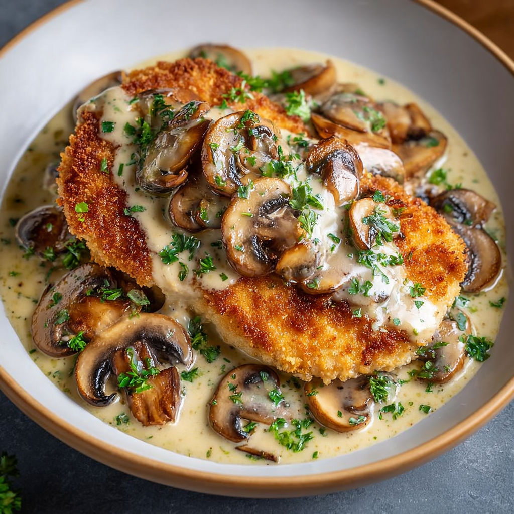Une assiette de poulet gourmand à la crème de Parmesan, avec des champignons et des herbes, est servie sur une table.
