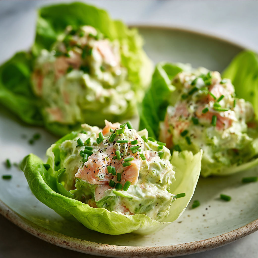 Coupelles de laitue à la truite fumée, avocat et fromage blanc.