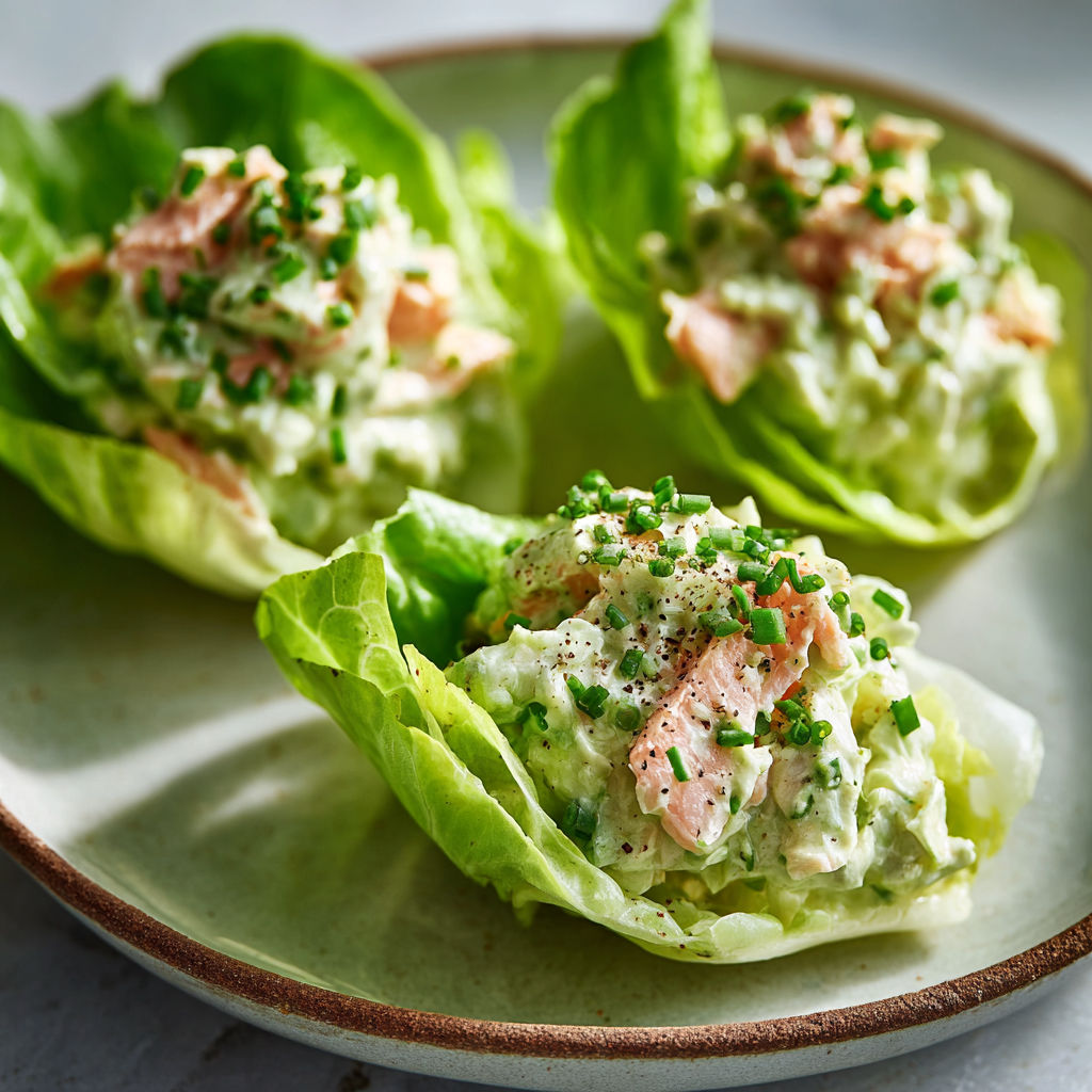 Une assiette de délicieuses coupelles de laitue garnies de truite, avocat et fromage blanc.